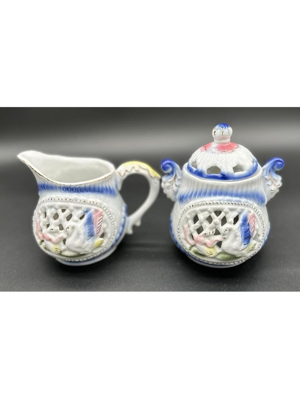 🦢🌸Rare 1920’sVintage Porcelain Swan Creamer & Sugar Bowl Set Openwork Pastel🦢